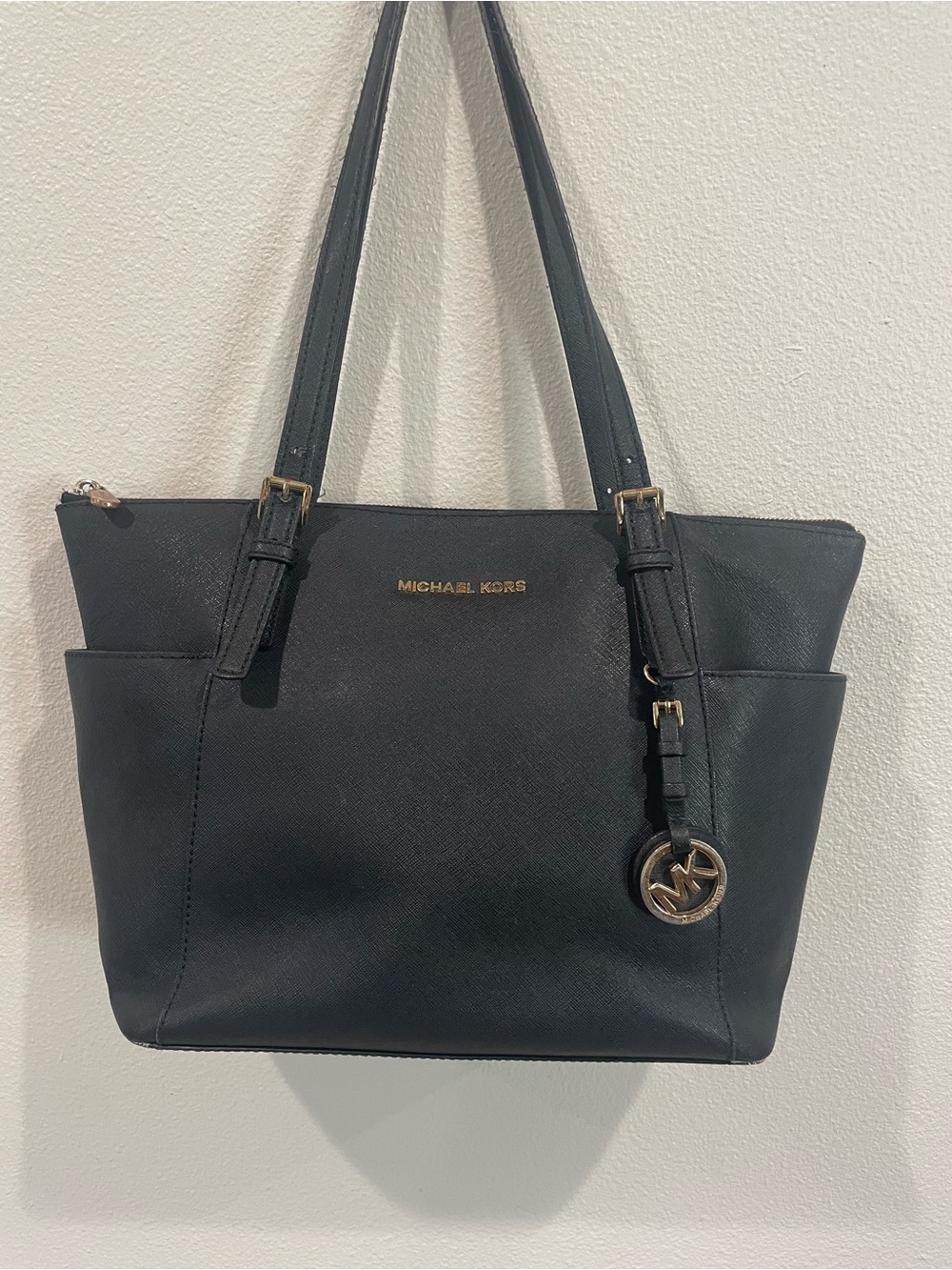 Michael Kors Black Leather Tote with Gold Logo Charm